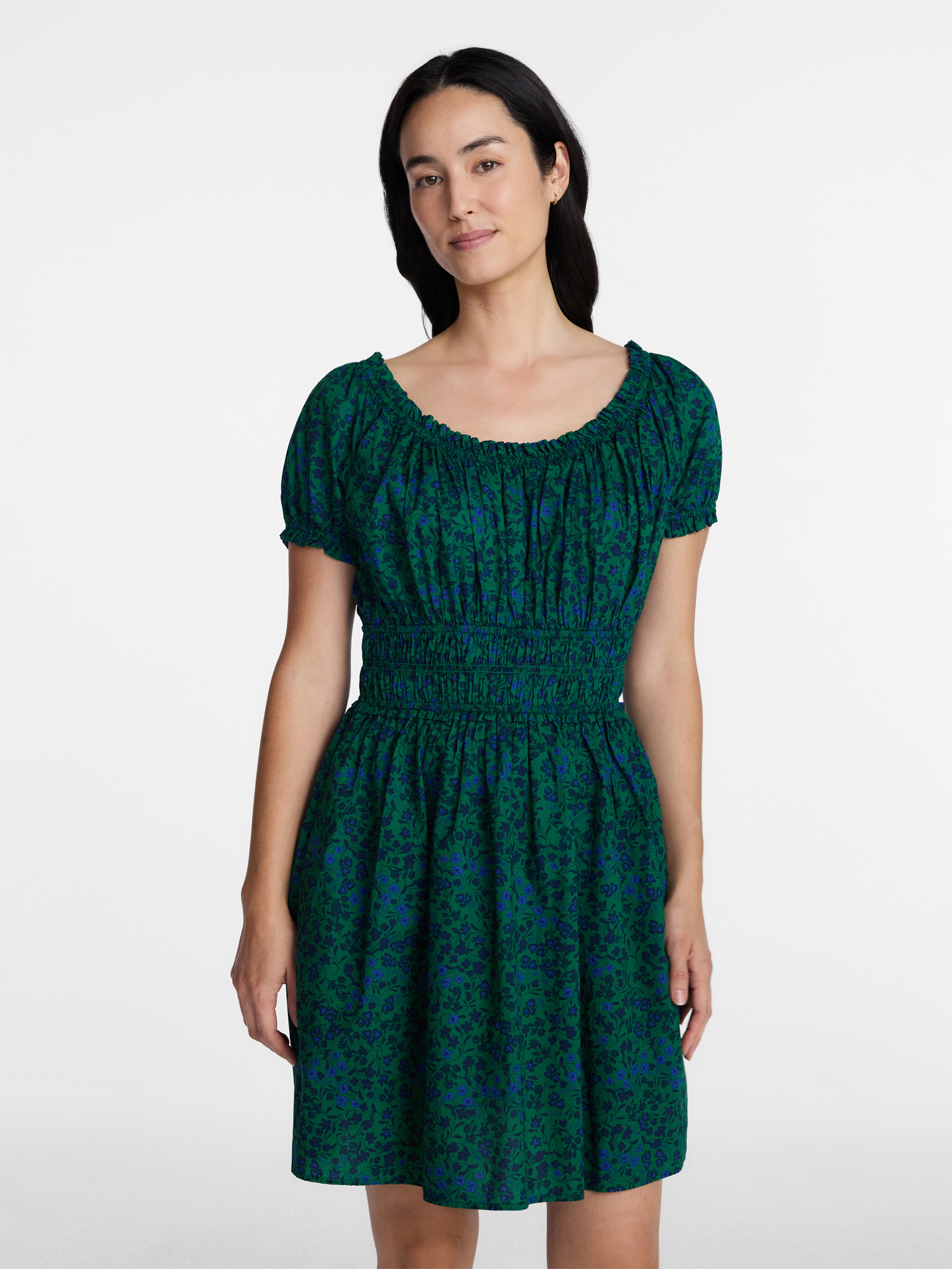 Time and Tru Women's and Women's Plus Cotton Peasant Mini Dress With Puff Sleeves, Sizes XS-4X