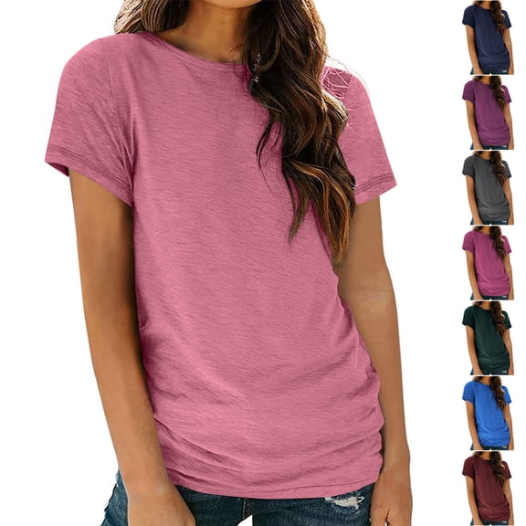 Inverlee T Shirts Women Crewneck Summer Short Sleeve Tops Boho Solid Color Shirts Comfy Holiday Tunic Blouse Tee Summer Fashion
