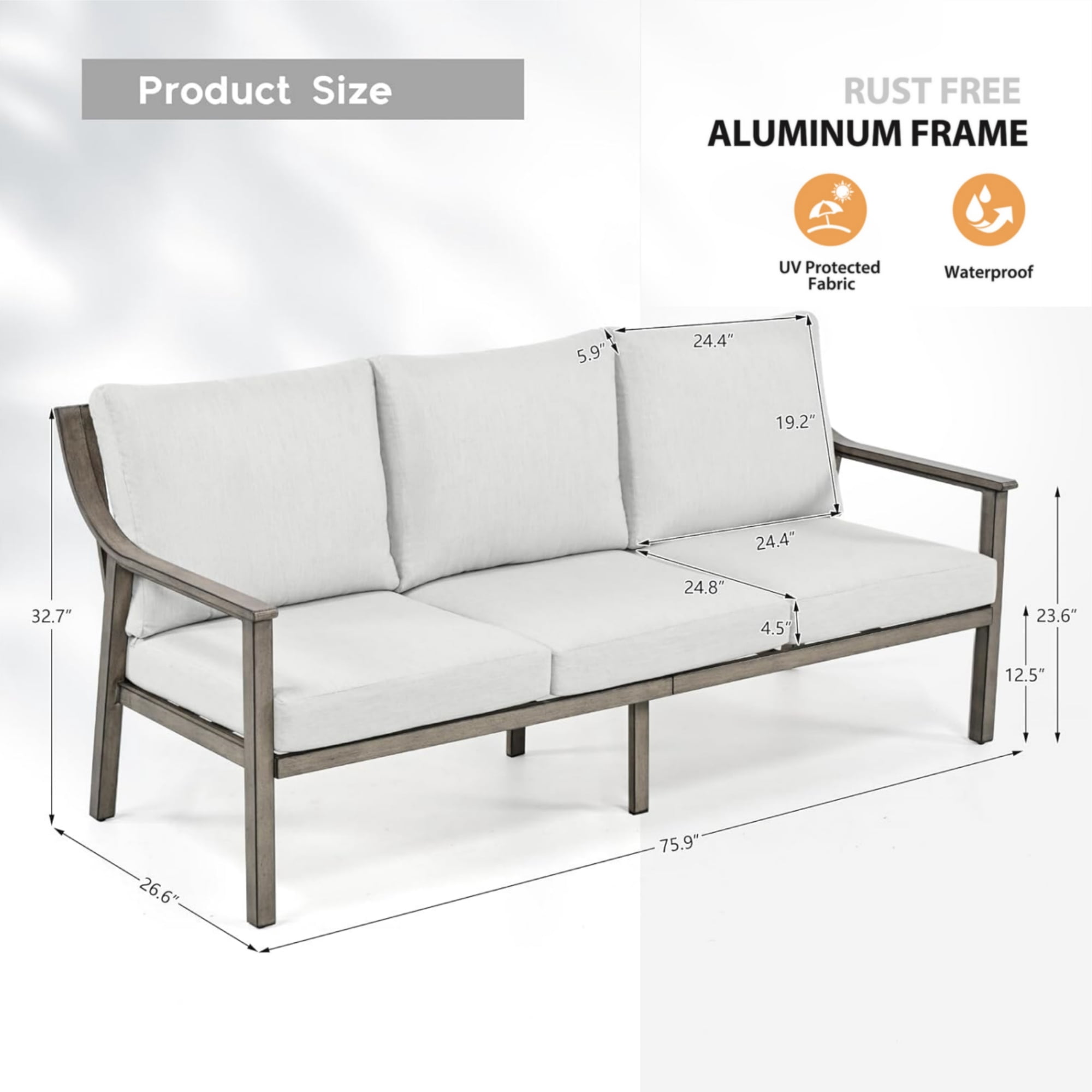 T-Patio Aluminum Outdoor Sofa, All Weather Patio 3-Seater Sofa, Grey, Set of 1