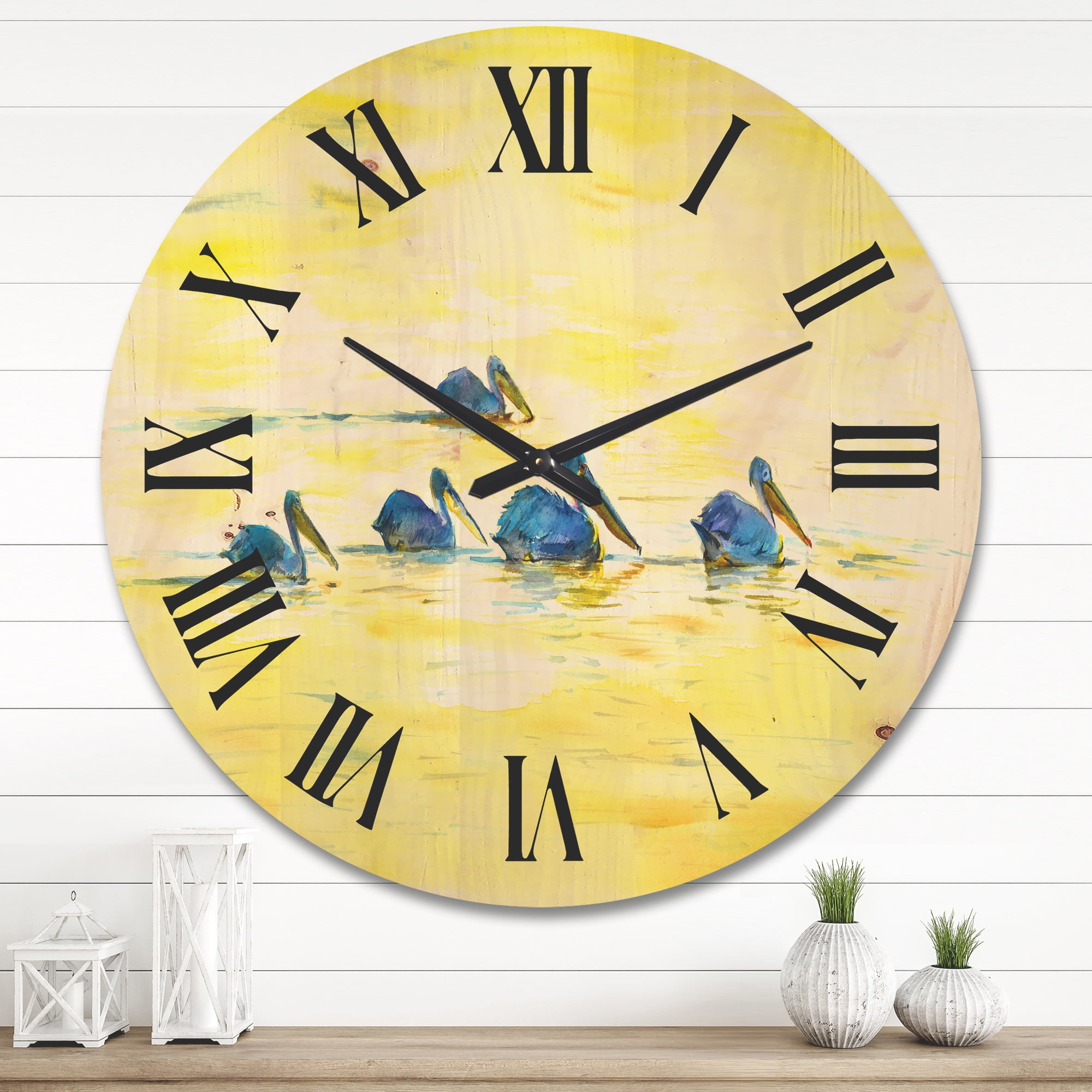 Designart 'Pelicans Birds On The Yellow River' Farmhouse Wood Wall Clock