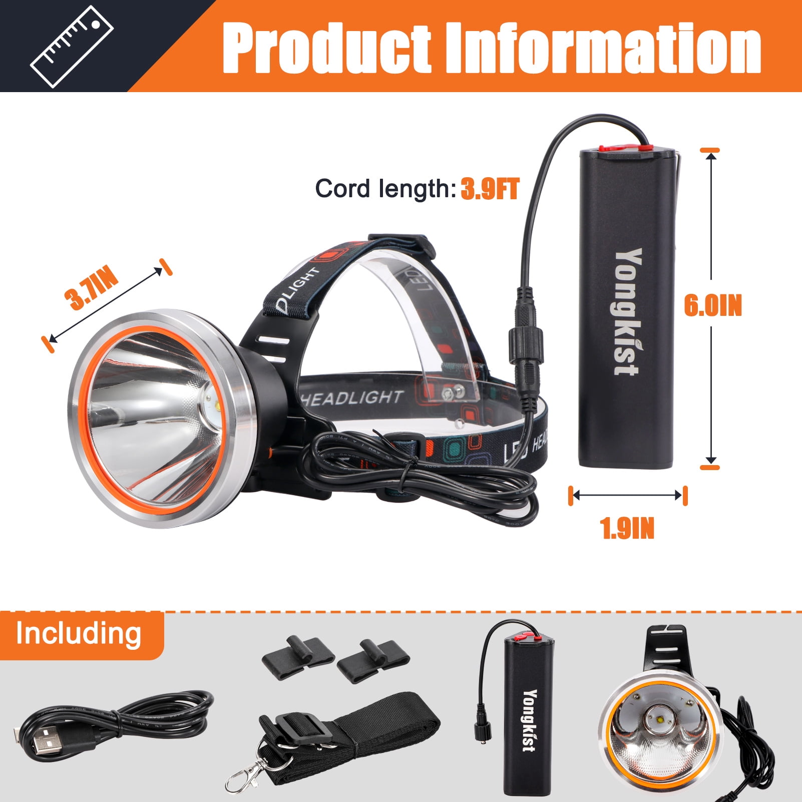 Yongkist Super Bright Rechargeable LED Headlamp, High Power Waterproof Spotlight with Long-Lasting Battery, Perfect for Coon Hunting, Camping, Fishing, and Outdoor Activities