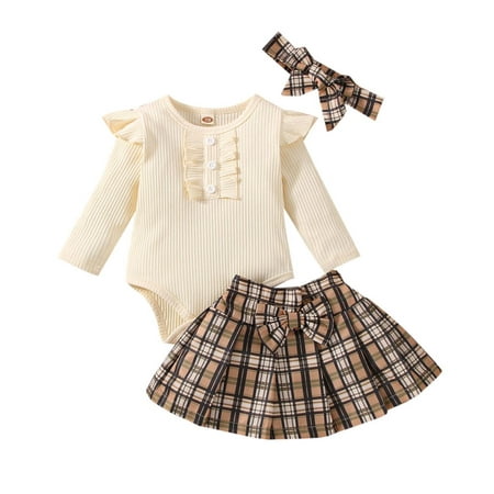 

ZCFZJW 3Pcs Toddler Baby Girl Cotton Ruffled Long Sleeve Cotton Open Button T Shirts Tops Bow Buffalo Plaid Overall Skirts Cute Butterfly Bowknot Hairband Outfits Set(Beige 6-9 Months)