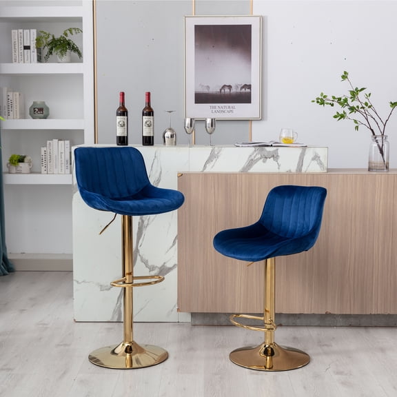 Bar Stool Set of 2, Navy Blue Velvet Swivel Counter Stools with Adjustable Height Mechanical Lift, Golden Chrome Footrest and Base, Modern Fabric Seats for Kitchen and Bar Area