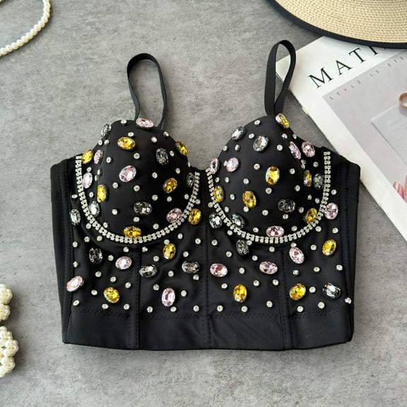 New Women Colorful Rhinestone Diamonds Luxury Corset Top Crop Camis Party Skinny Push Up Bustier Bra