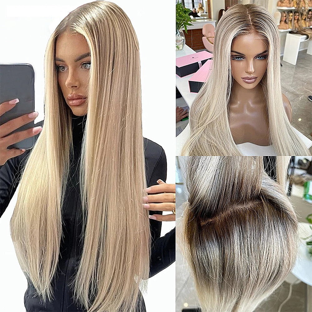 180% Density Balayage Ash Blonde Ombre Hightlight Remy Human Hair Wig 13x4 HD Transparent Lace Front Wigs Human Hair Pre Bleached Pre Plucked Lace Frontal Human Hair Wig With Natural Hairline