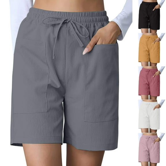 BiZtdJrK Womens Bermuda Shorts Drawstring Elastic Waist Straight Leg Work Shorts Solid Casual Cargo Shorts with Pockets clearance sale Black XXL