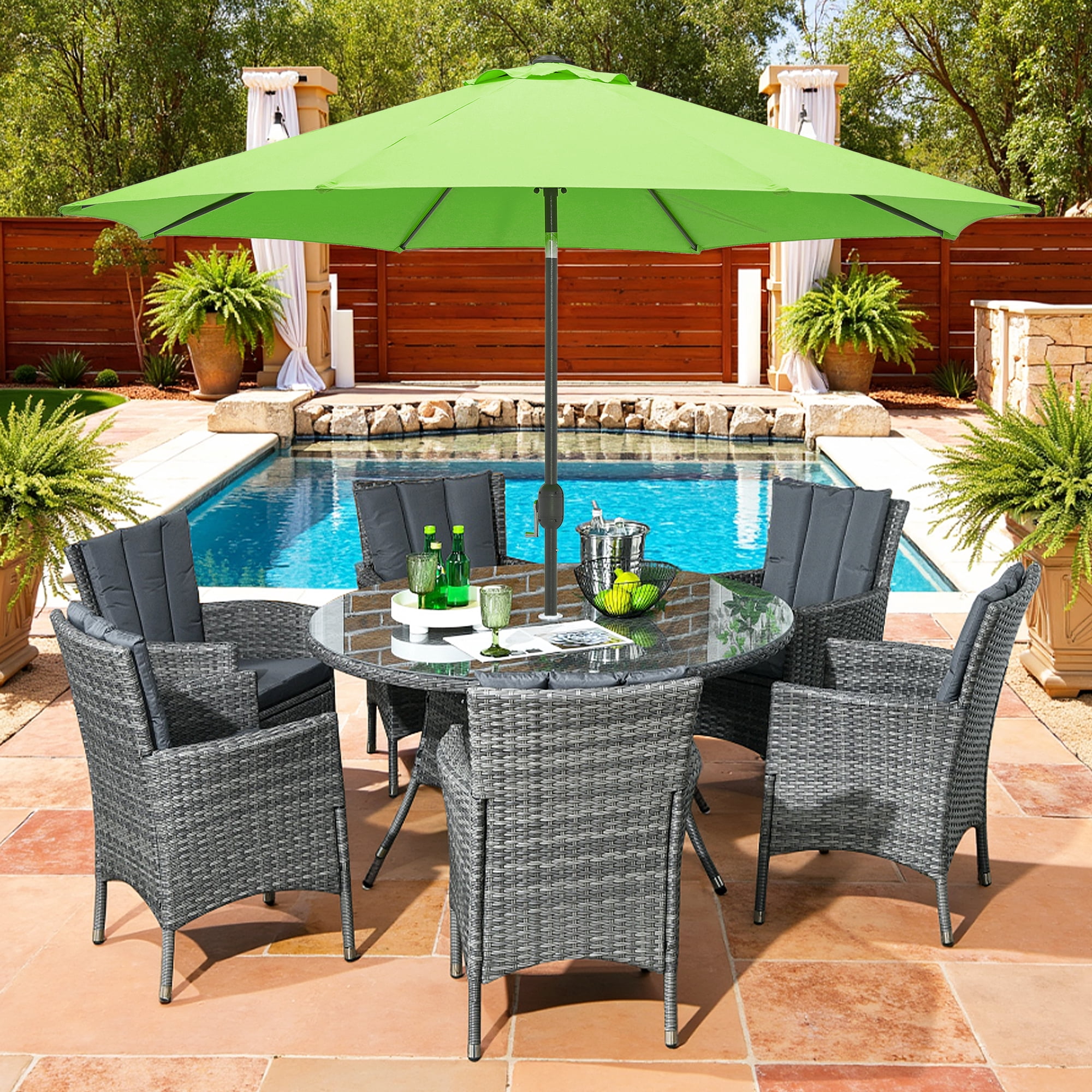 Kool 10FT Outdoor Patio Umbrella with Push Button Tilt and Crank Handle, Market Umbrella with 8 Sturdy Umbrella Ribs, Lime Green