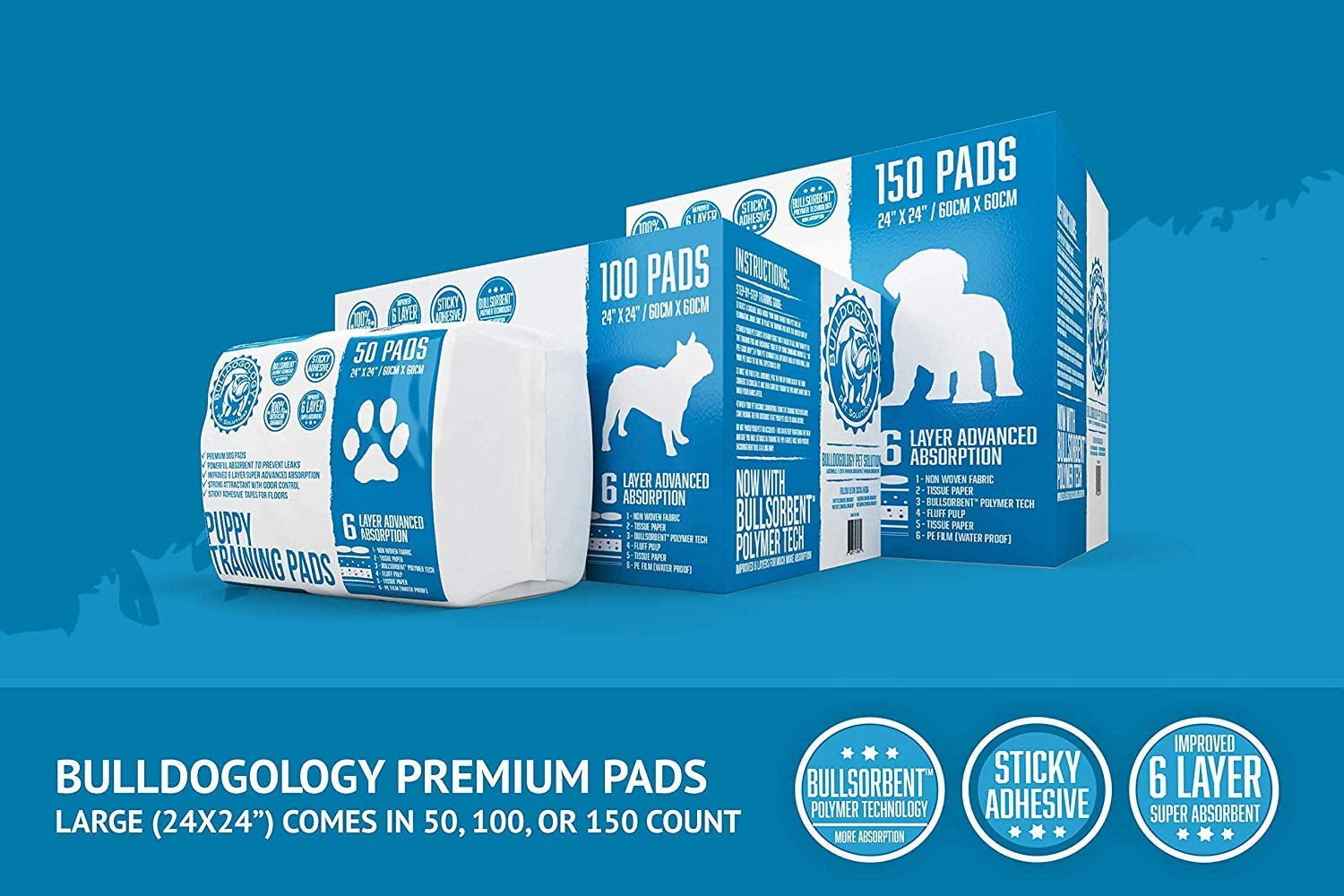 Bulldogology Absorbent Puppy Pee Pads, Large 24x24, 100 Count