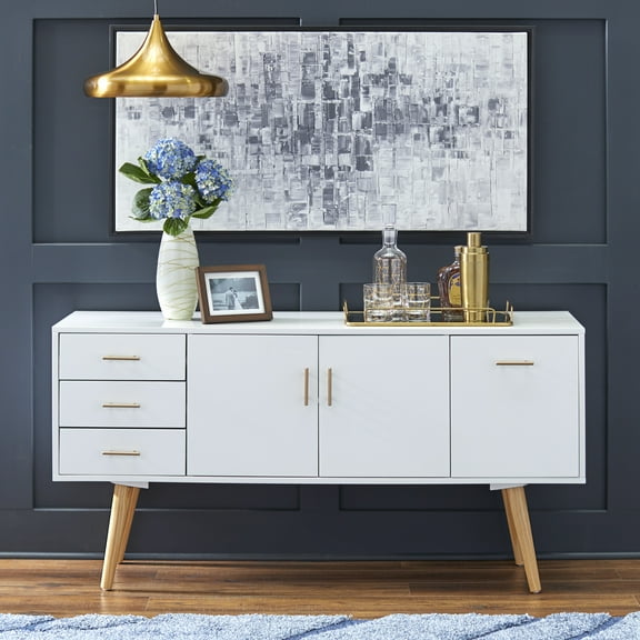TMS Maura Mid-Century Modern 56” Wide Dining Room Sideboard Buffet, White Finish