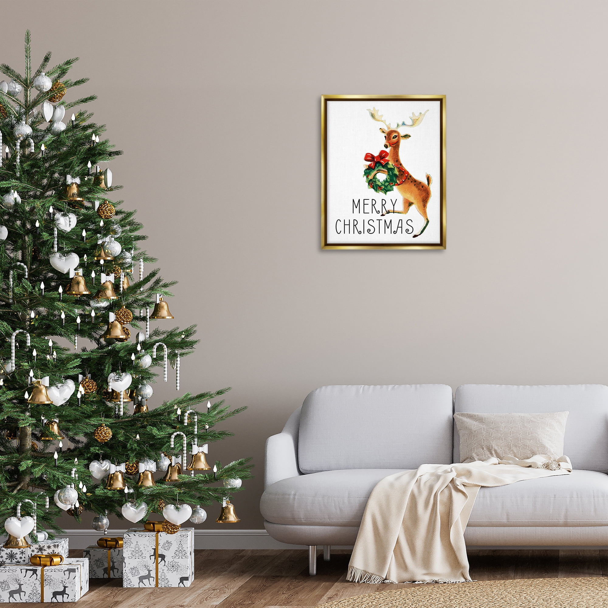 Stupell Industries Merry Christmas Reindeer Holiday Painting Gold Floater Framed Art Print Wall Art, 25 x 31