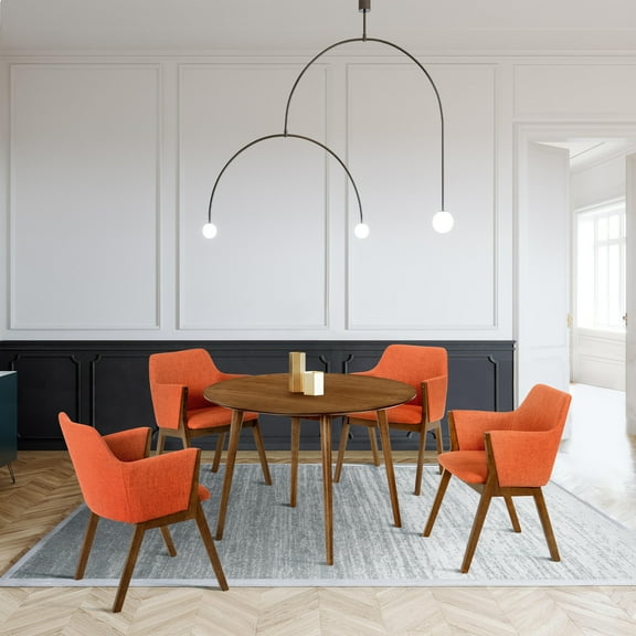 Arcadia and Renzo 42" Round Orange and Walnut Wood 5 Piece Dining Set