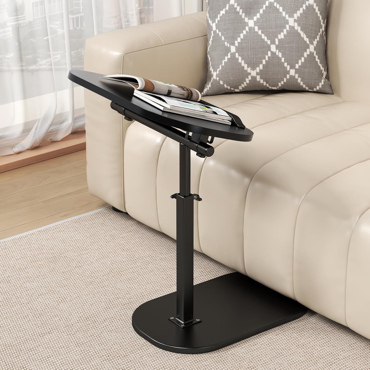 Adjustable Height C Shaped Side Table, 360°Swivel & Flip Top C