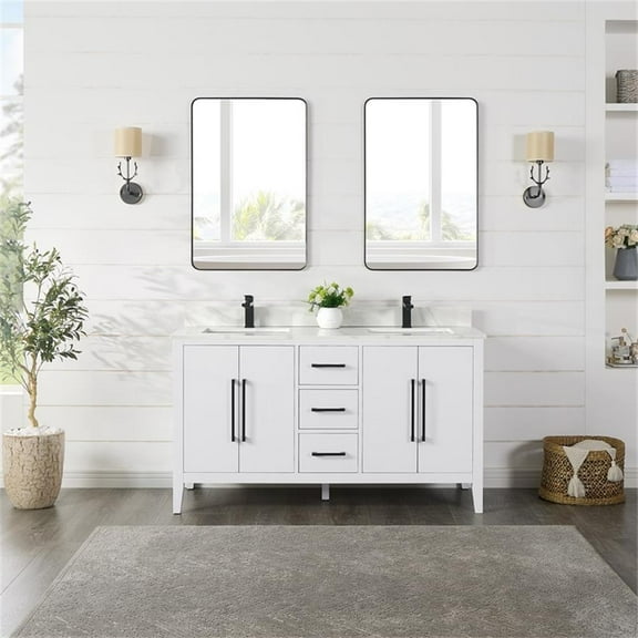 Laurel 60" Wood Vanity in White Calacatta White Quartz Top with Mirror