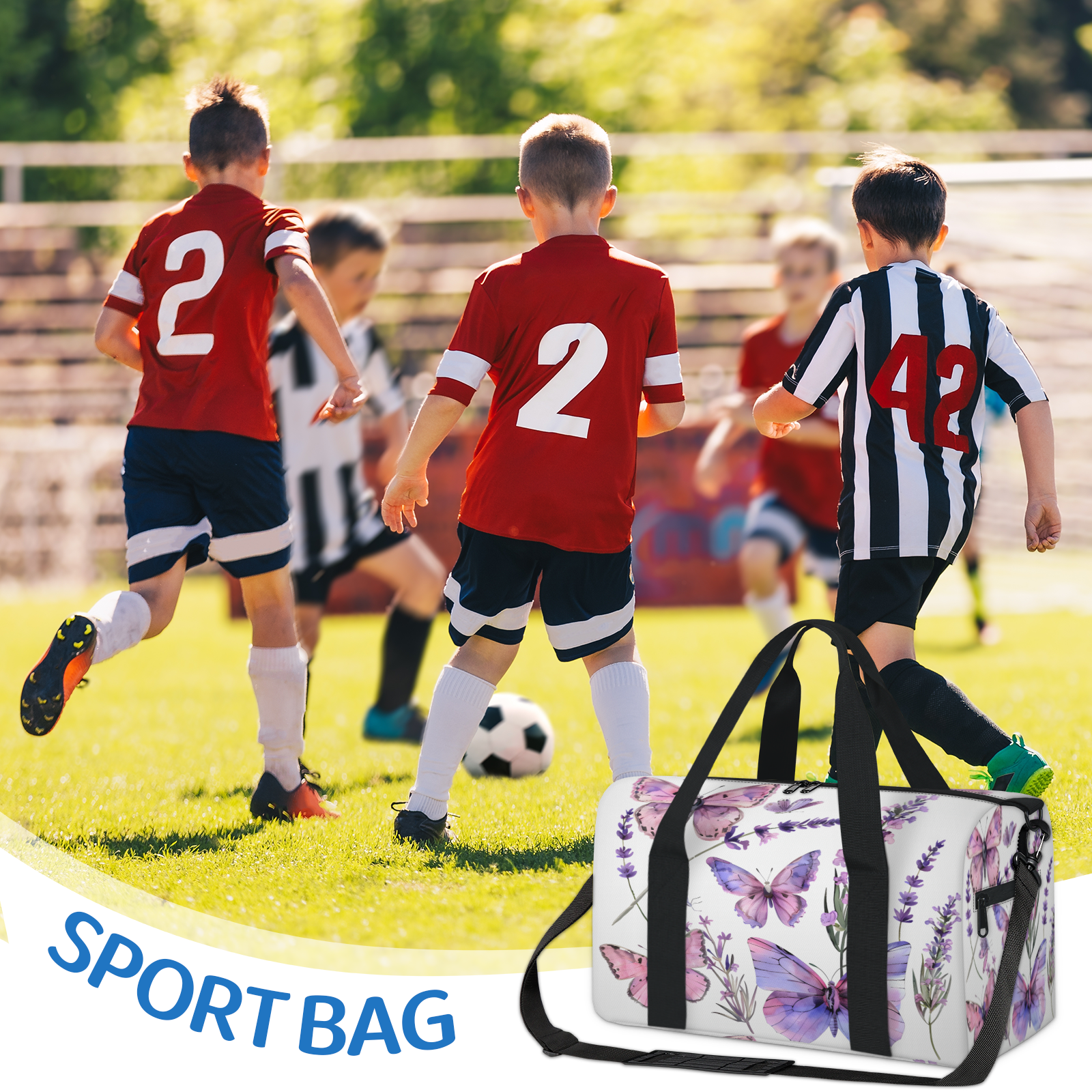 Herdesigns Butterfly Lavender Travel Duffle Bag Sports Yoga Weekender Overnight Carry on Workout Bags Lightweight Waterproof Gym Tote Bag for Women
