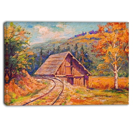 DESIGN ART Designart - Railway Track in Village - Landscape Canvas Art Print - Orange