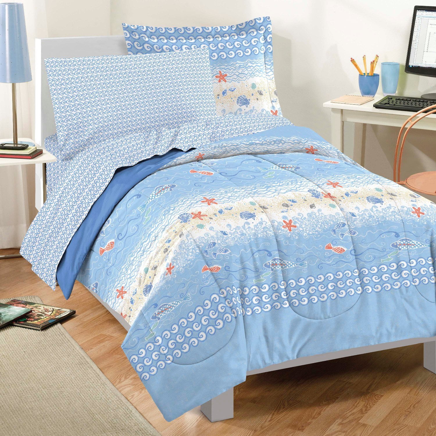 Casual Beach Stripe Comforter Set, Twin, Blue, Ocean sea life theme