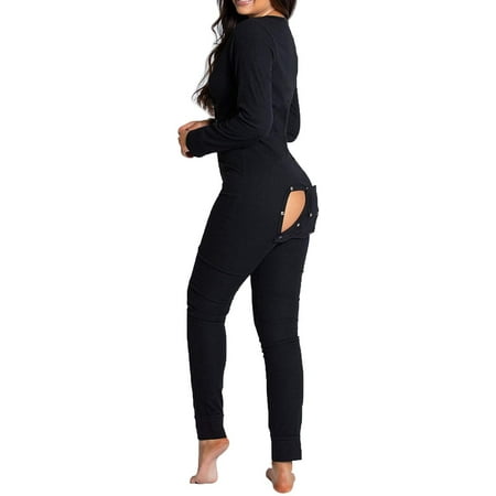 

Womens Butt Flap Jumpsuit Long Sleeve V Neck Bodycon Romper Pajamas Sleep Night Wear Onesie