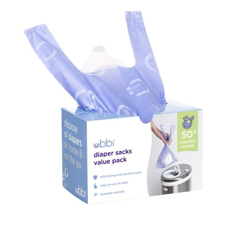 Ubbi Disposable Nappy Sacks, Lavender Scented, Easy-To-Tie Tabs, Baby Diaper Disposal or Pet Waste Bags, Value Pack, 400 Count