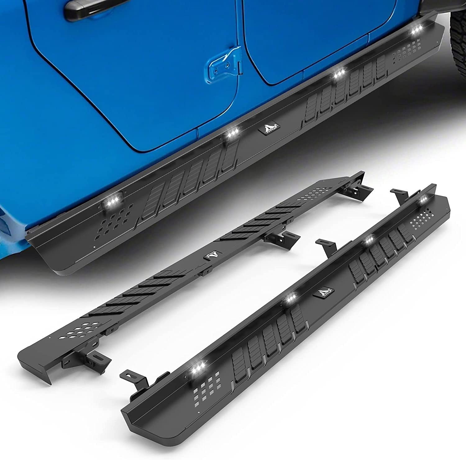 WOLFSTORM Running Boards Side Steps with LED Light for Jeep 2019-2023 JT Gladiator Pickup Trucks|6" Wide Rock Slider Car Door Nerf Bars Step Rails|4 Full Size Door|Texture Black
