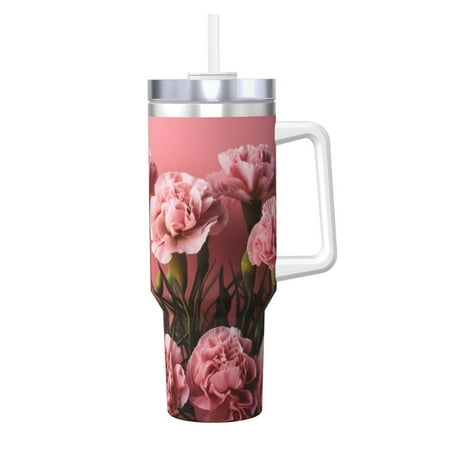 

Zeuib Delicate Pink Carnations A Printed Insulated Stainless Steel Hot/Cold Coffee Cup 40oz Ice Bully With Handle Tumbler with Straw and Handle Insulated Water Bottle Travel Mug Cup
