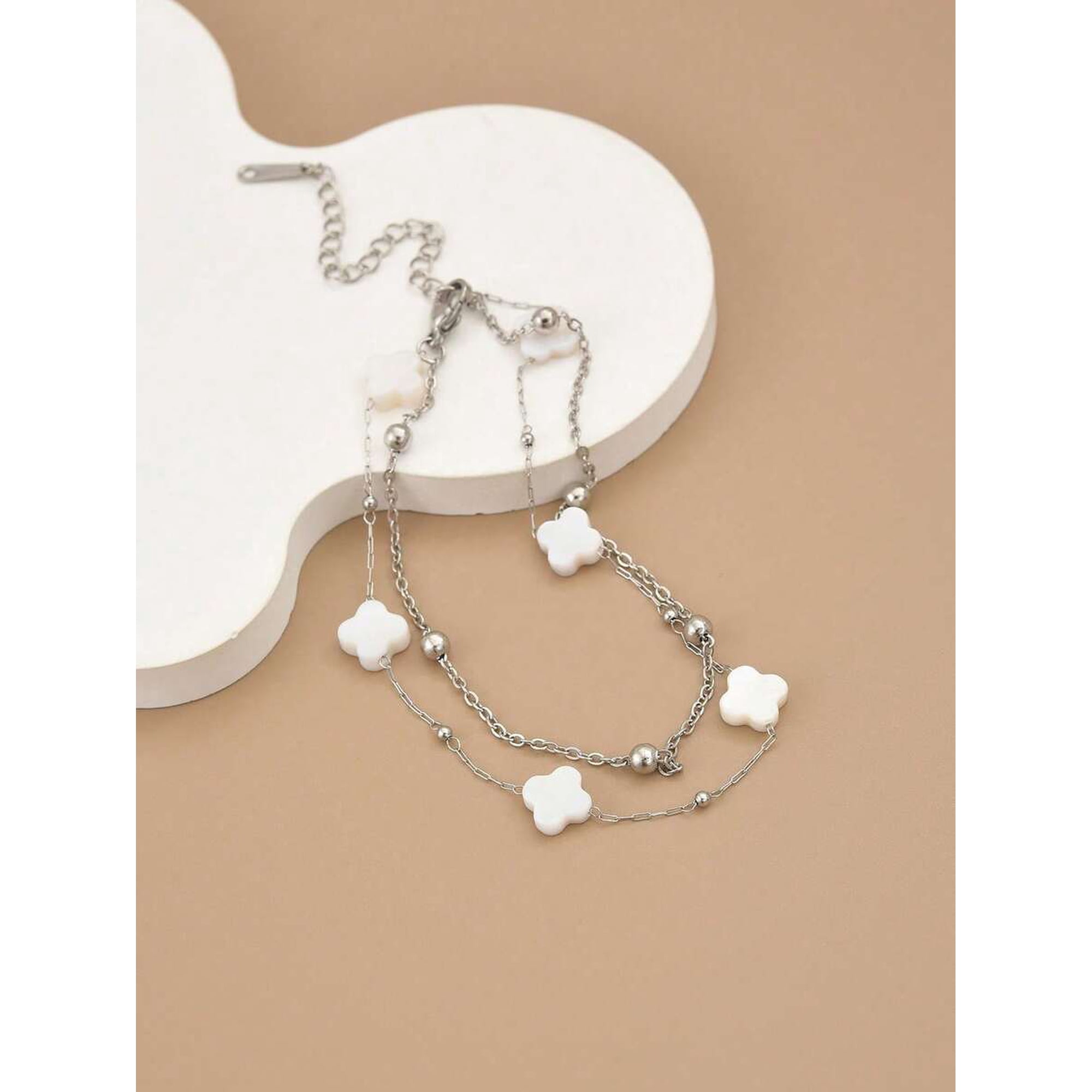 Double Strand White Clover Charm Anklet in Silvertone Stainless Steel