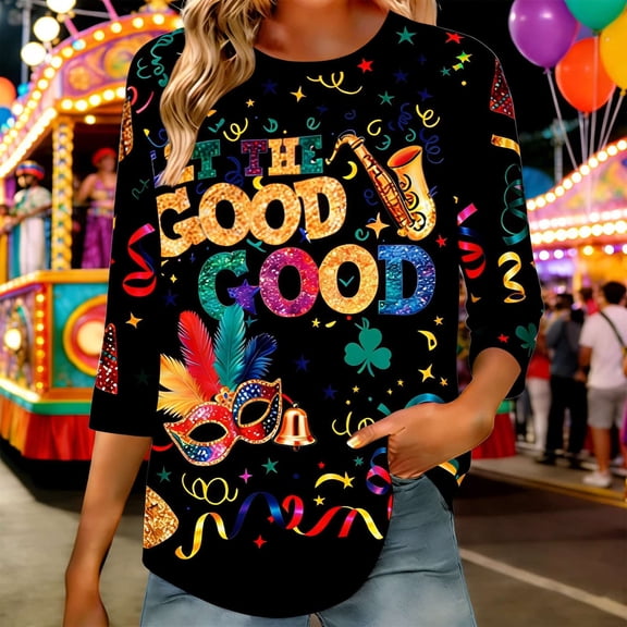 DailyTrove Women Good Vibes Print 3/4 Sleeve T Shirt Casual Crew Neck Loose Summer Top