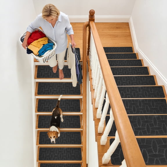 RELOIVE Stair Treads for Wooden Steps Indoor, 15 Pack 8" X 30" Non Slip Carpet Stair Treads with Reusable Adhesive for Kids Elders and Dogs,Dark Grey
