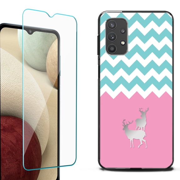 Slim-Fit Flexible TPU Gel Phone Case (black) for Samsung Galaxy A32 5G, with Tempered Glass Screen Protector, by OneToughShield ® - Chevron/Teal/Deer