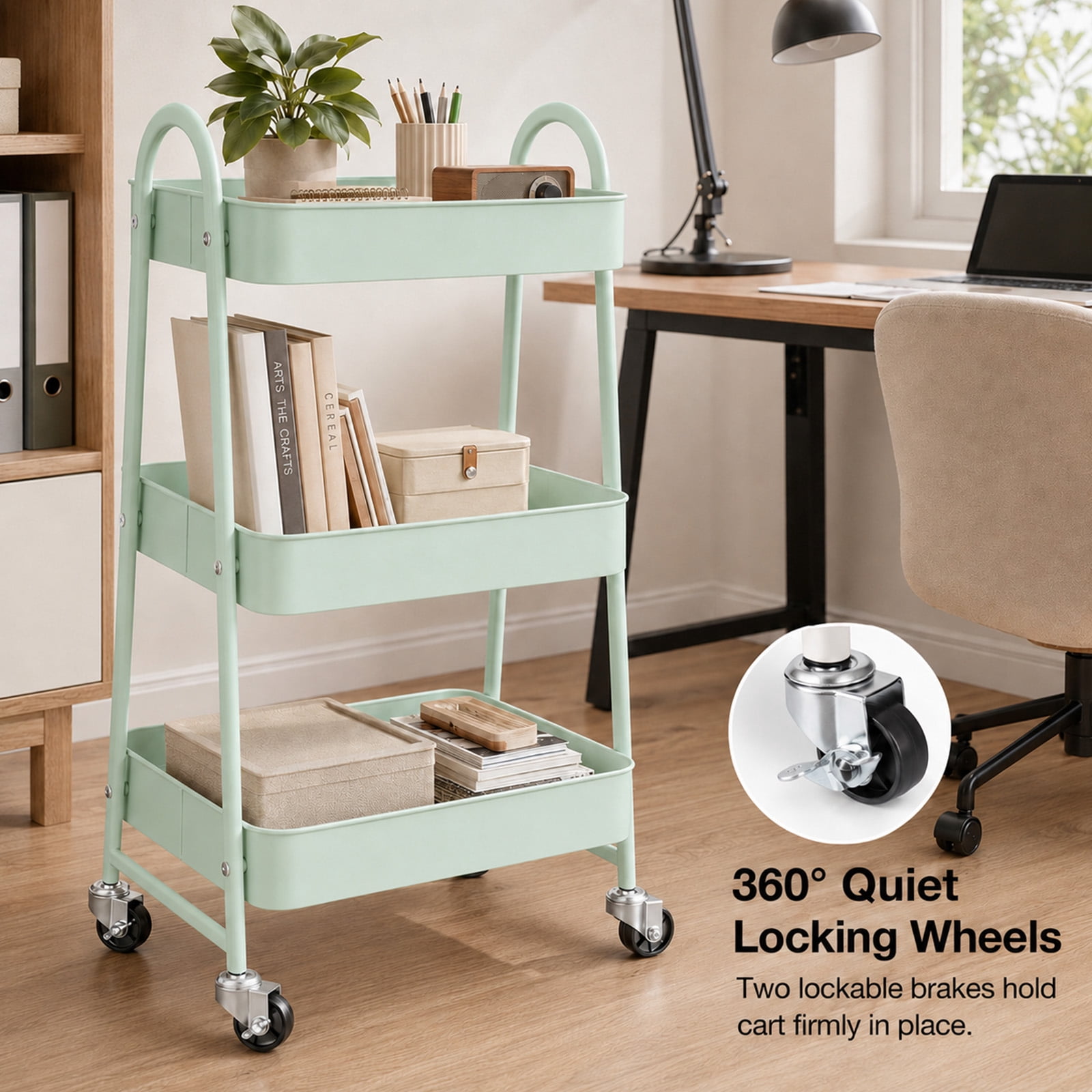 Alvantor 3-Tier Rolling Cart, Metal Rolling Utility Cart with Lockable Wheels, Multi-Functional Heavy Duty Storage Cart Organizer for Bathroom, Kitchen, Living Room, Office