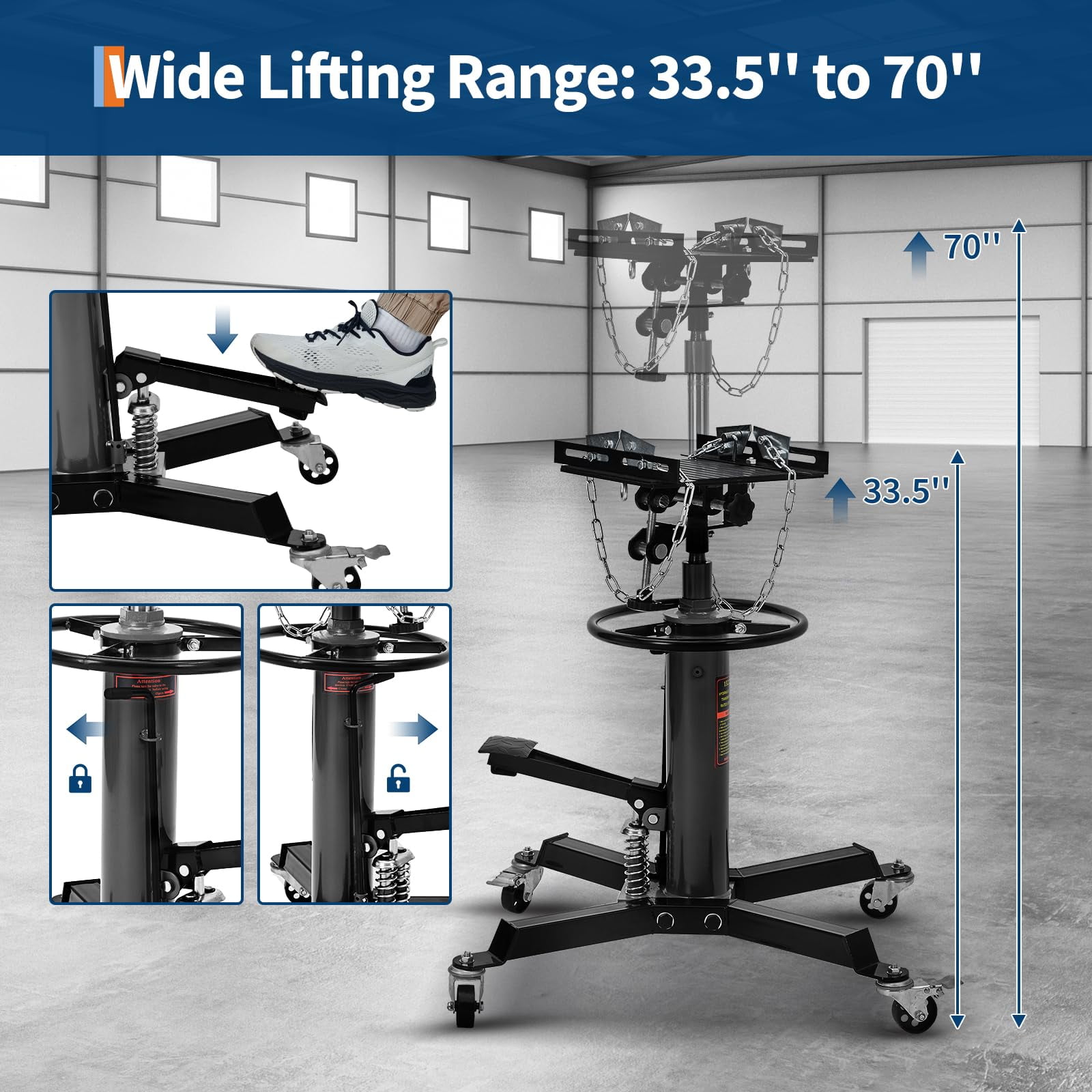 Mescukay Hydraulic Transmission Jack, 1322 LB Capacity, High Lift Transmission Lift with Dual Plungers, 360° Rotation & 30° Tilting Saddle for Home Garage & Auto Shop