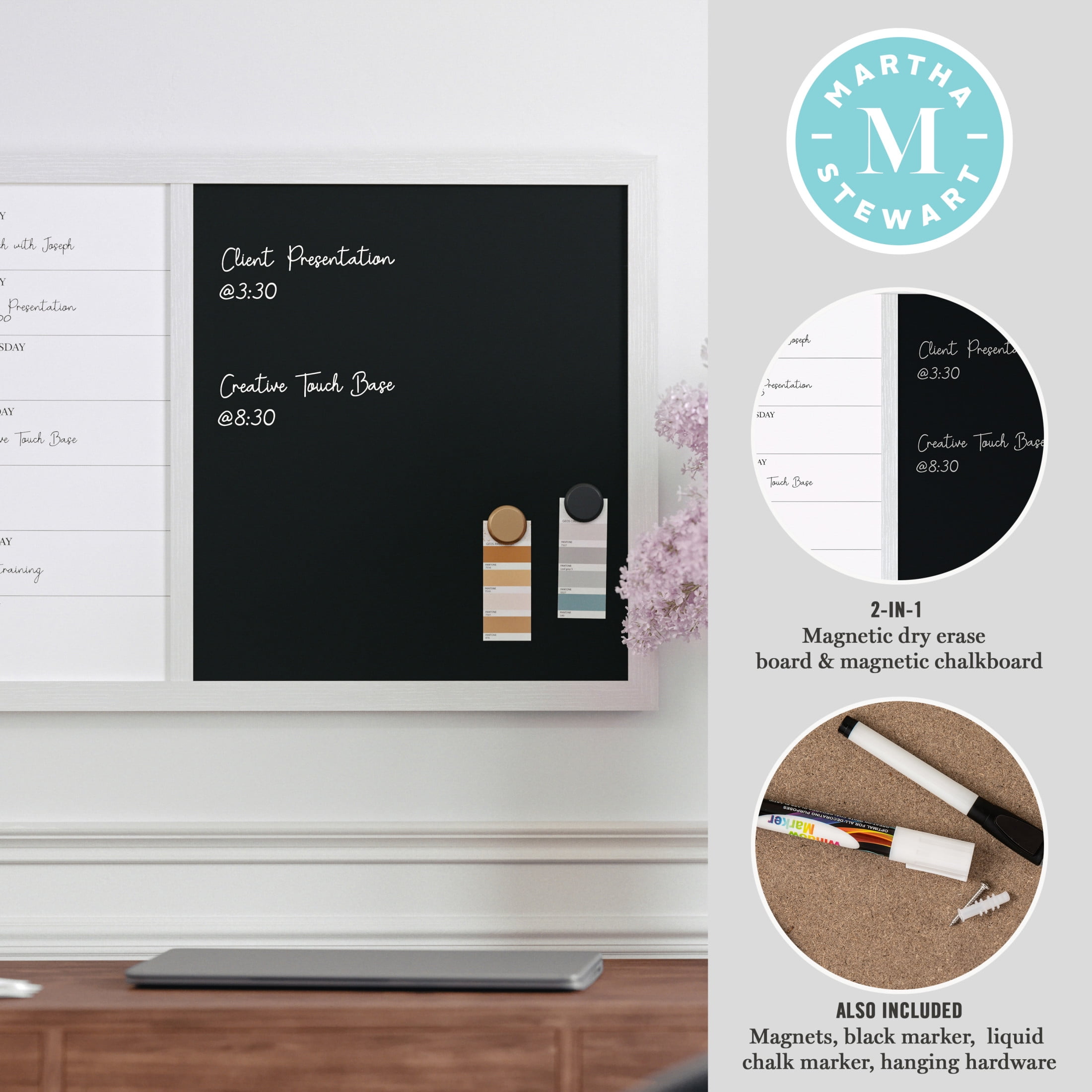 Martha Stewart Everette 24"x18" Magnetic Weekly Calendar Dry Erase Board and Chalk Board with Liquid Chalk Marker and Magnets, White Woodgrain Frame