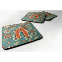 Letter A Flowers Retro Blue Foam Coaster Set of 4
