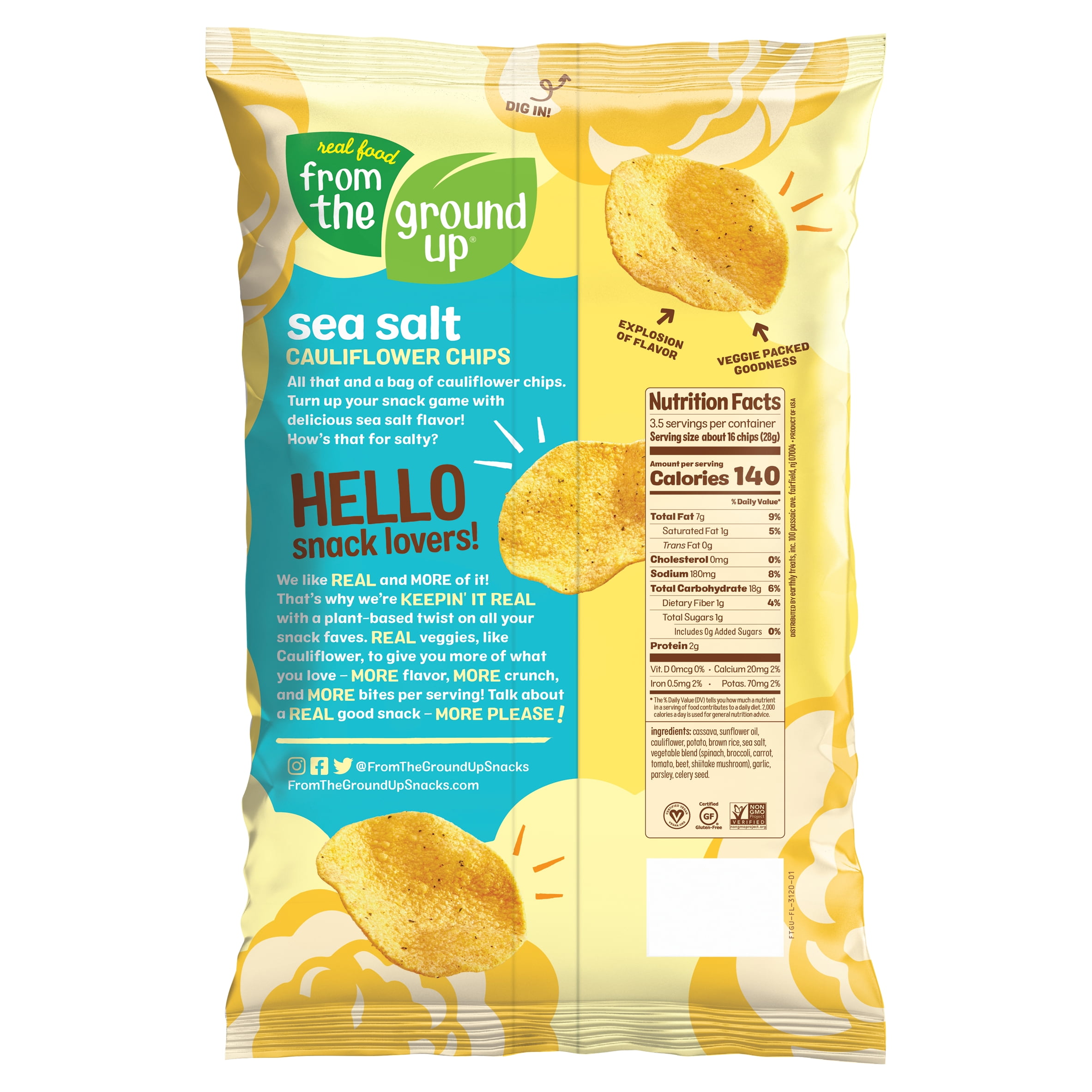 (3 pack) Real Food From the Ground Up Cauliflower Sea Salt Chips, Grain-Free, 3.5 oz Bag