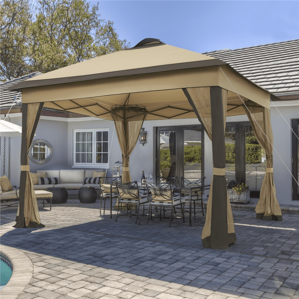 Alden Design Pop-Up Canopy Metal Frame Outdoor Gazebo with Double Tiers and Mesh Netting Solar LED Lights for Weddings Patio Garden Khaki/Brown