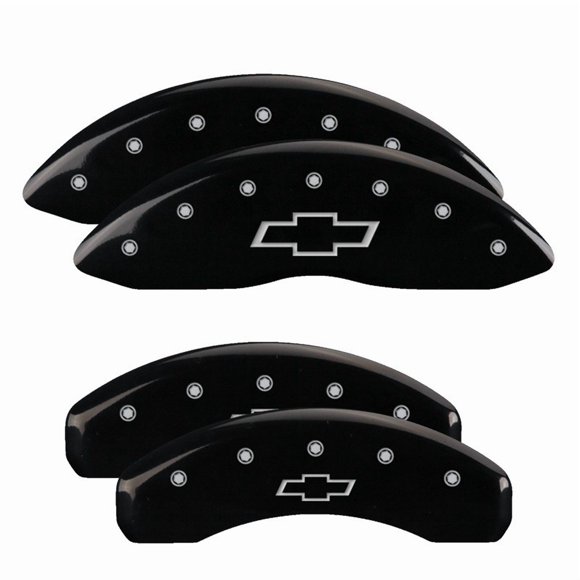 Fits 2020-2024 Chevrolet Traverse MGP Caliper Cover Caliper Cover 14257SBOWBK Set of 4; Silver Chevy Bowtie Logo; Powder Coated; Black; Aluminum