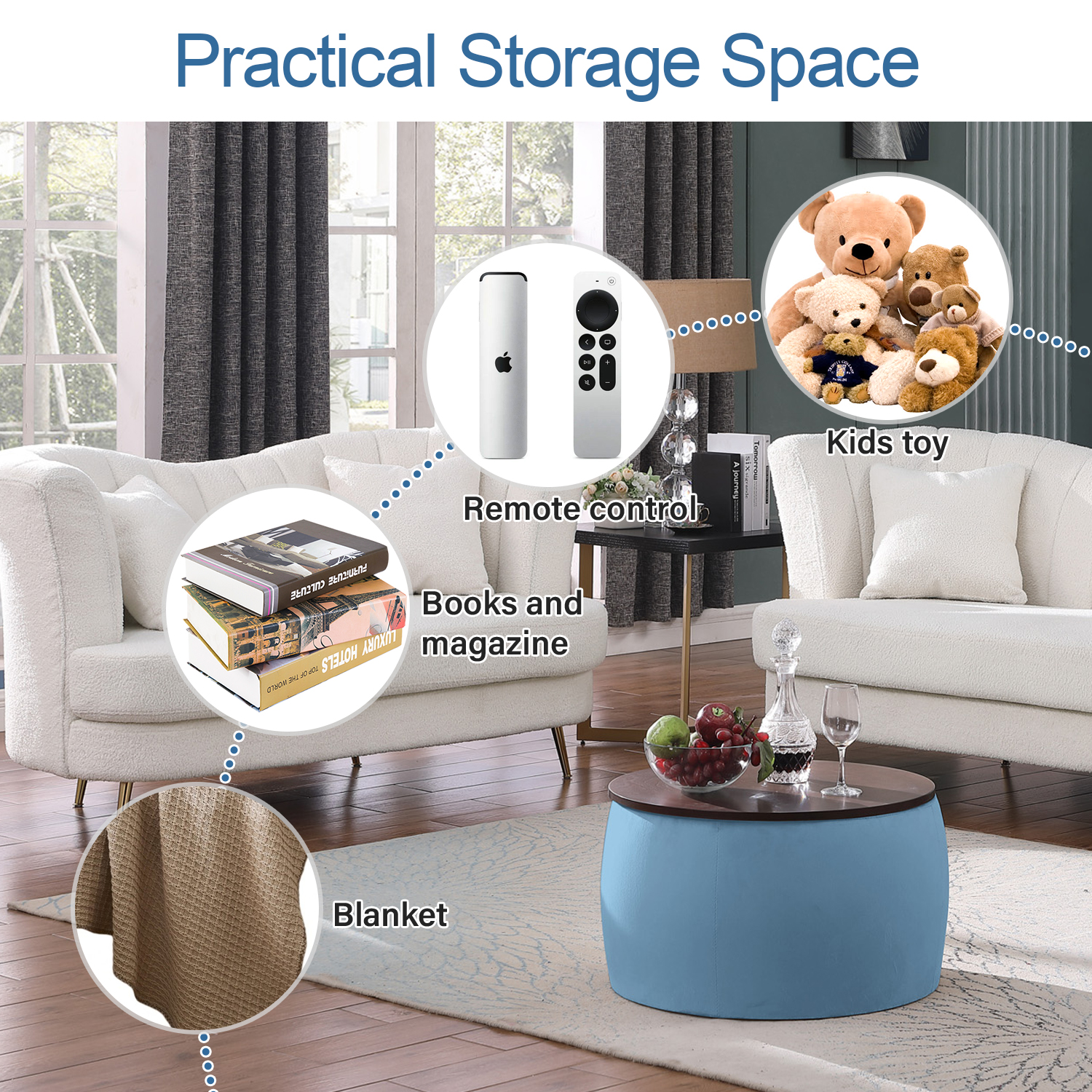 2 in 1 Storage Ottoman with Tray, Round Ottoman Coffee Table with Foot Rest, Cube Organizer, End Table for Living Room, LJ421 - image 5 of 6