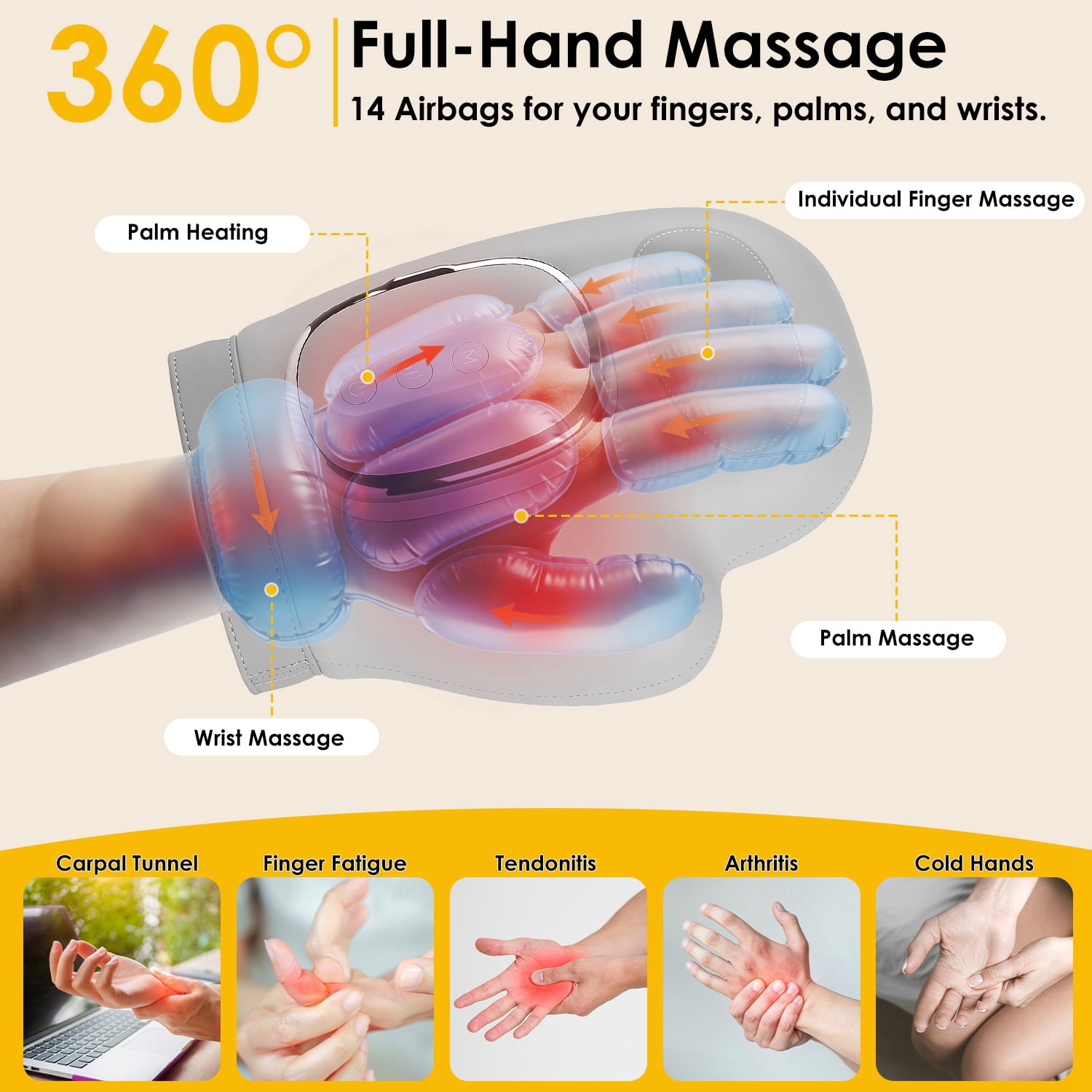 Cordless Hand Massager with 14 Airbags, 3 Massage Modes 5 Intensity Levels 3 Heat Levels for Arthritis Carpal Tunnel Relief,Cordless Hand Massage Tool for Arthritis Carpal Tunnel Pain