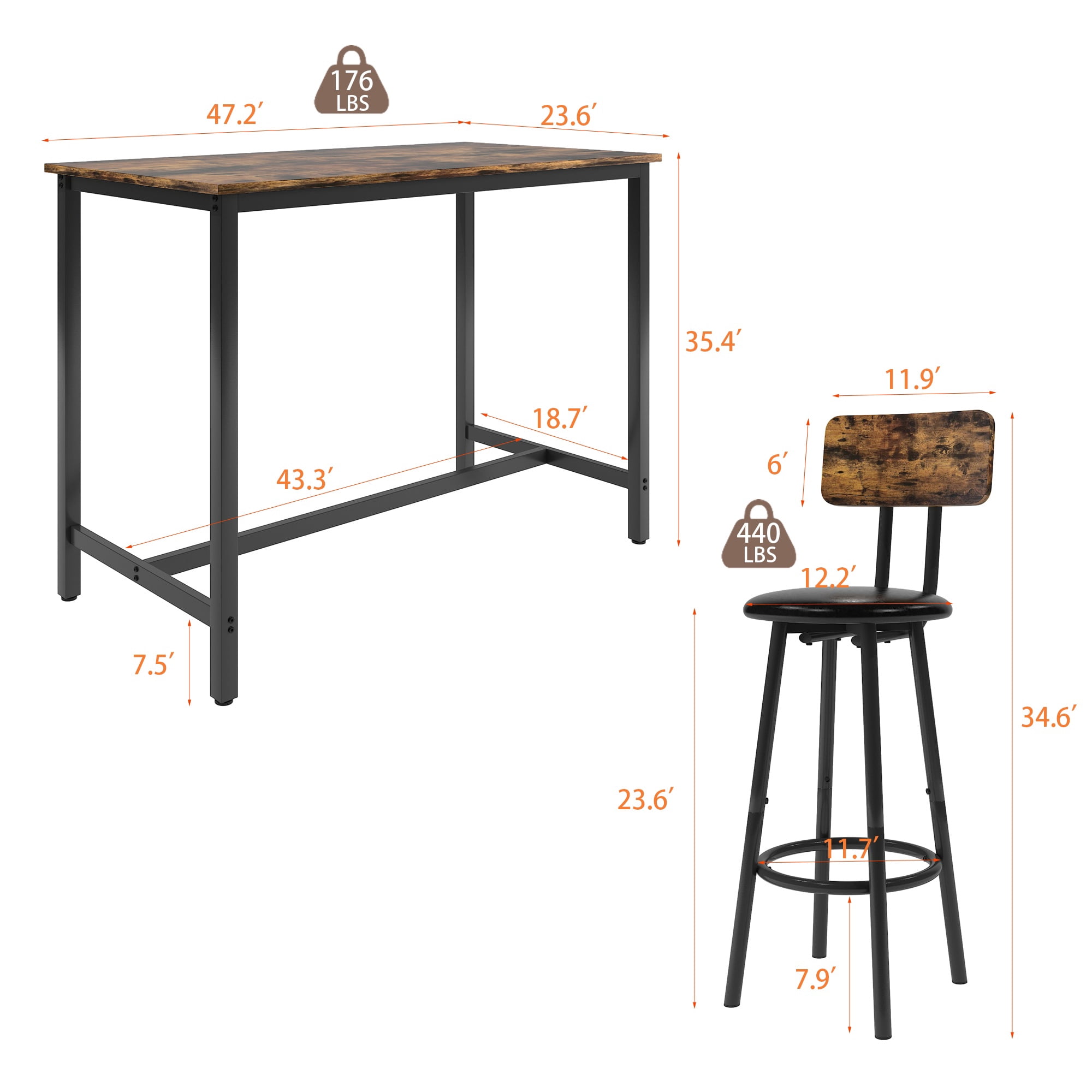 PORKISS Counter Height Dining Set for 4, Breakfast Bar Table Set with Table and 4 Leather Cushion Chairs, Wood Top Pub Table & Chair Set for Kitchen Apartment Bistro, Brown