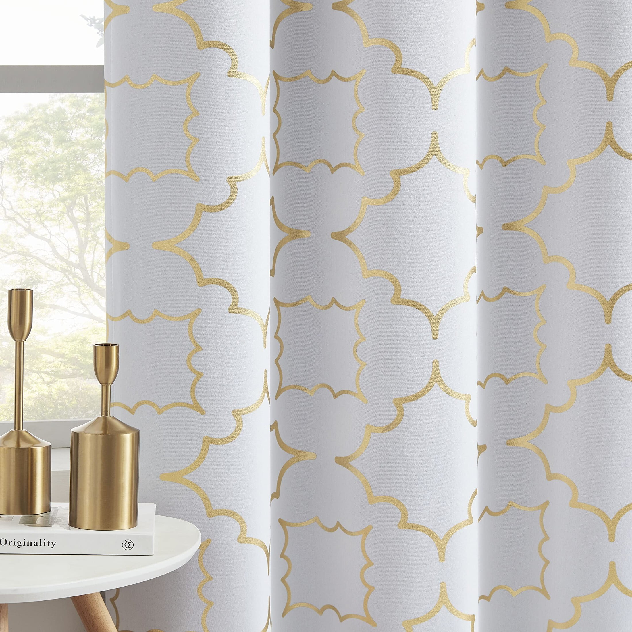Junvictex White-Gold Blackout Window Curtain for Bedroom Moroccan Foil Metallic Print,52"Wx63"L,2 Pcs