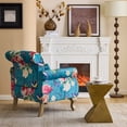 thumbnail image 3 of Ktaxon Floral Print Velvet Accent Chair with Lumbar Pillow, Upholstered Club Chair with Rubber Wood Legs, Living Room Armchair for Bedroom Reading Corner Dark Blue, 3 of 10