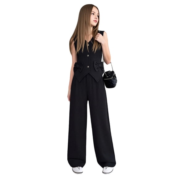 RMGVDSD Girl's 2 Piece Outfits Summer Fashion Sleeveless Bow Button Down Suit Vest And Wide Leg Pants Sets Kids Back To School Outfits 9-10 Years