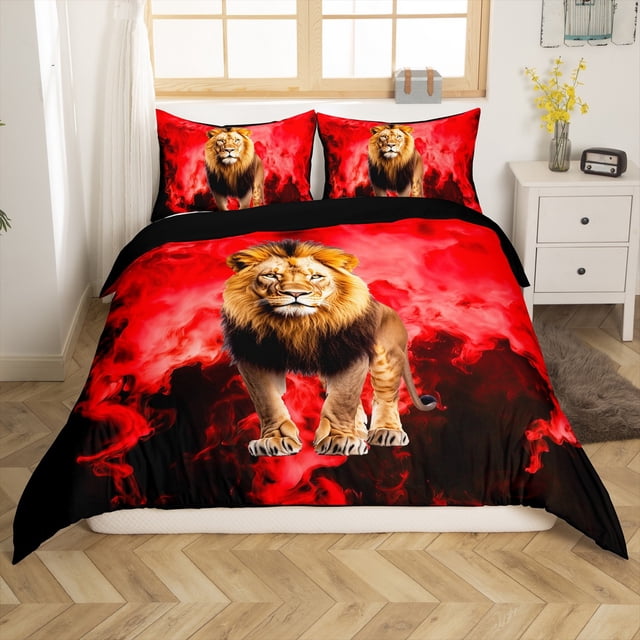 Erosebridal Housse de Couette à Imprimé Lion 3D Grand Lit, Housse de Couette Rouge Grand Lit, Literie Réversible Faune de Jungle Format Grand Lit, Décoration de Chambre en Microfibre, 3 Pcs (Sans Couette)