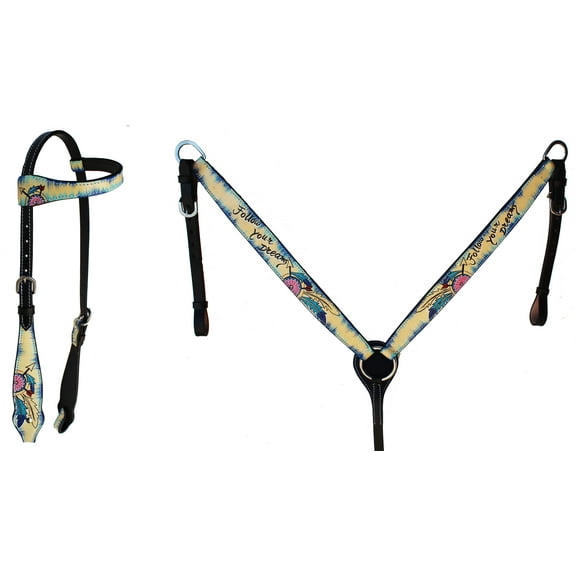 Horse Floral Basket Weave Tooled Browband Bridle & Breast Collar Set 78FK32A