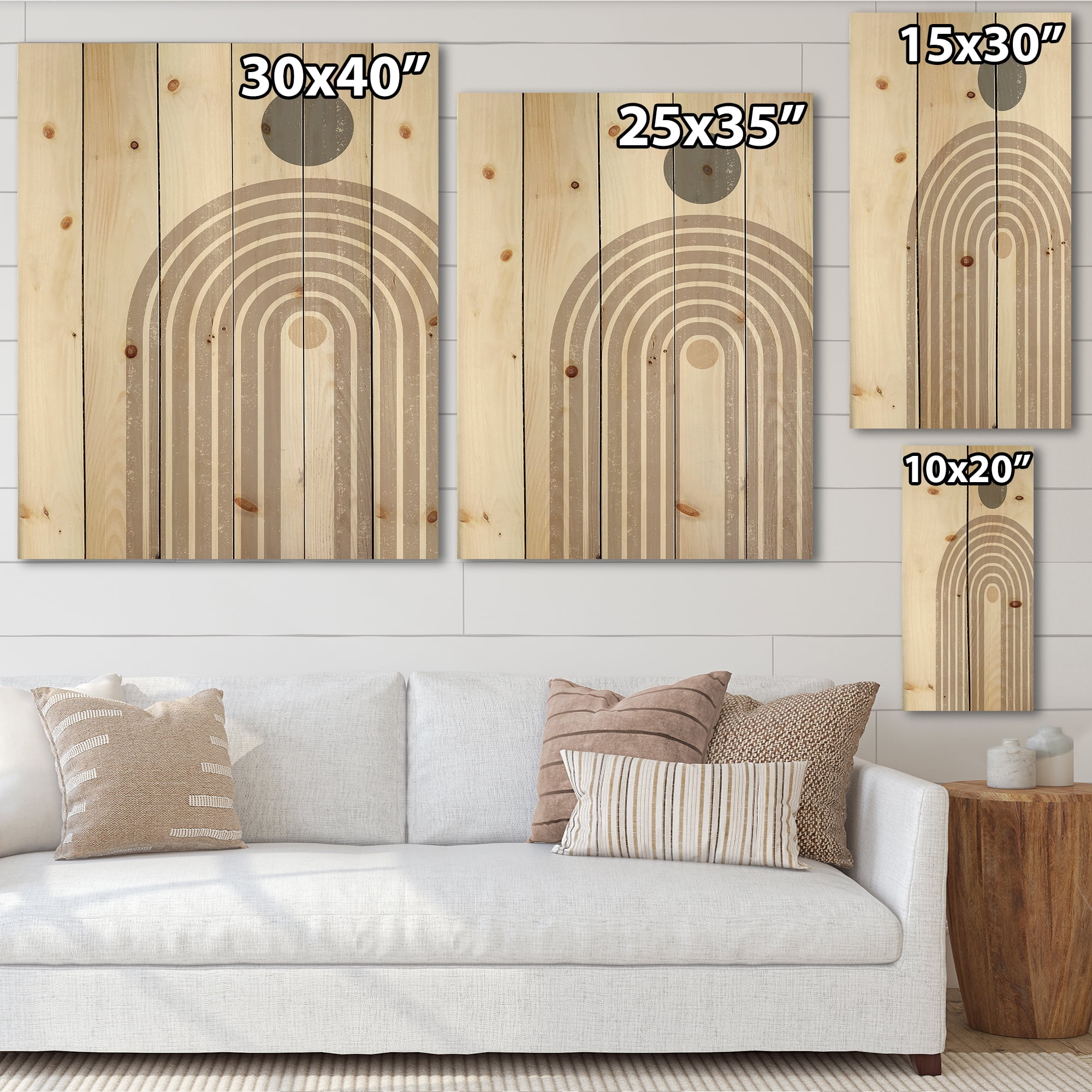 Designart 'Abstract Rainbow Moon and Sun In Earth Tones I' Modern Print on Natural Pine Wood