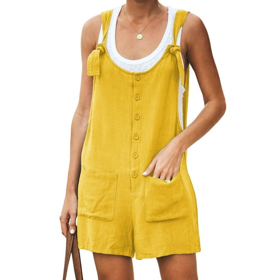 Paille Women Lace Up Plain Denim Bib Overalls Shorts Adjustable Strap Daily Wear Jumpsuits