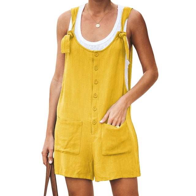 Daeful Jeans Pants Solid Color Romper Adjustable Strap Jumpsuits Ladies Plain Wide Leg Suspender Denim Bib Overalls Yellow L