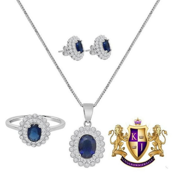 Ladies Sapphire Blue Real Sterling Silver 10K White Gold Over Pendent Charm Chain Neckless Earrings Ring 3 Piece Combo Set