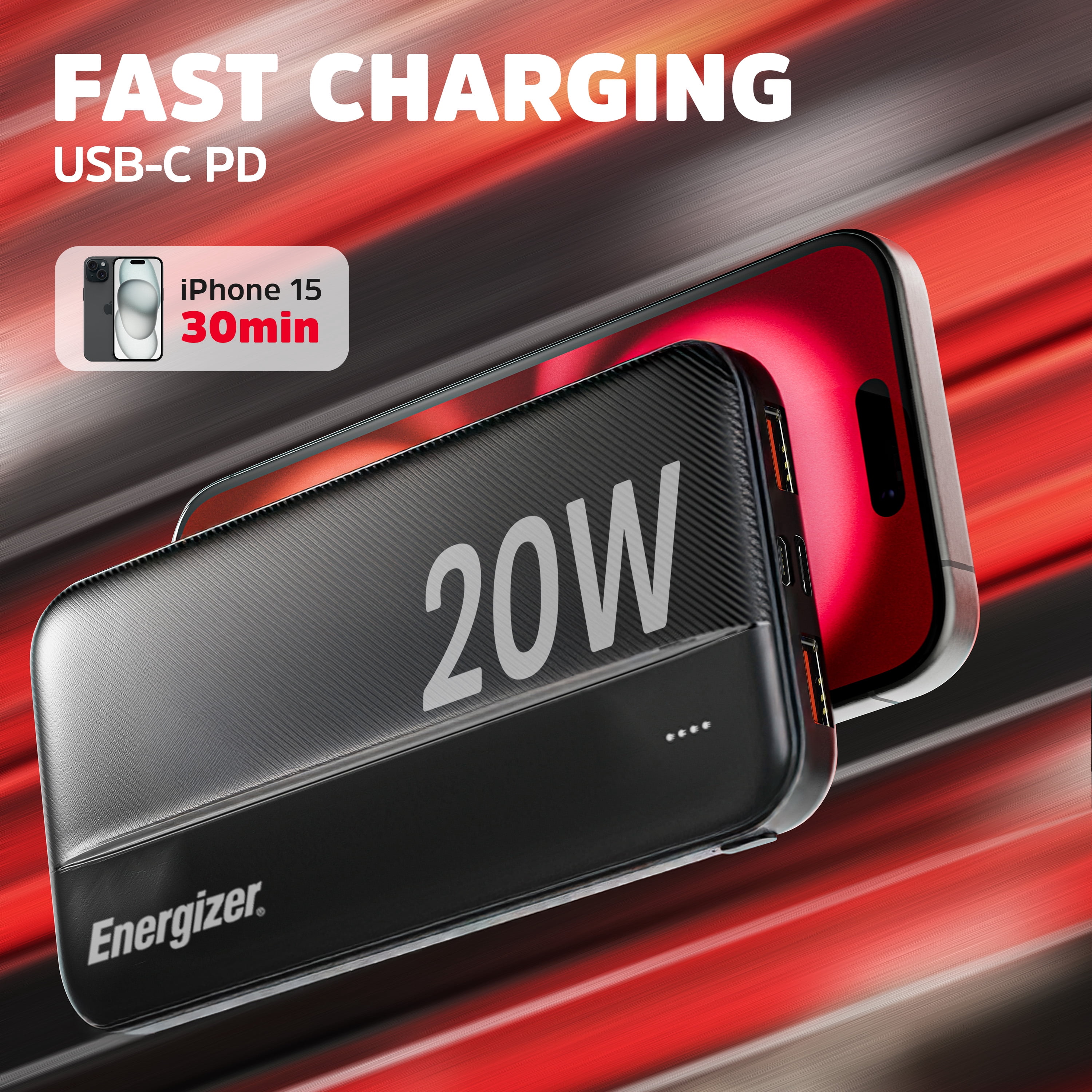 Energizer 10,000mAh Power Bank Portable Charger Karna, 20W USB-C PD Fast Charging Battery Pack for iPhone, Android, Tablets & USB Devices, Black
