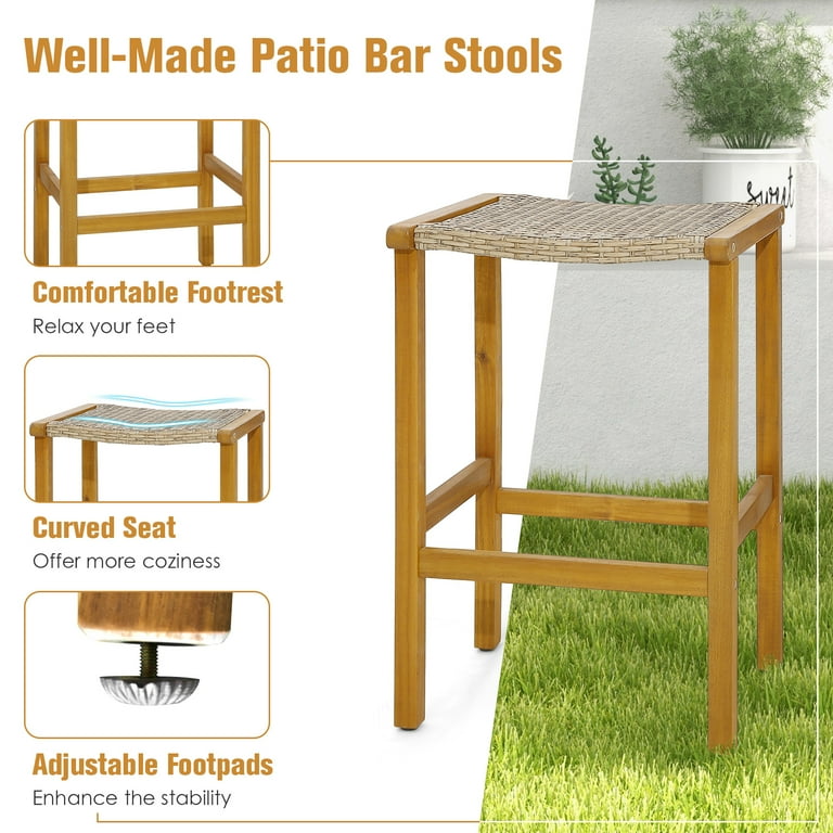 Topbuy Outdoor Wood Bar Stools Set of 2 30 Bar Height Acacia Wood Stools with PE Rattan Saddle Seat Outdoor Wicker Bar Chairs Walmart