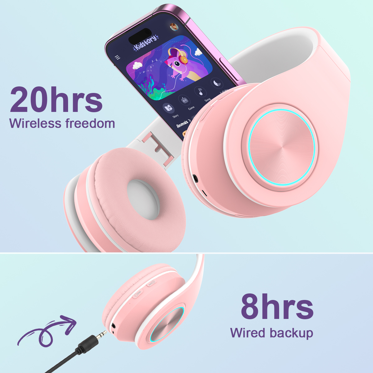 Hoey Bluetooth Kids Headphones, Foldable, 12H Battery, Pink photo 3